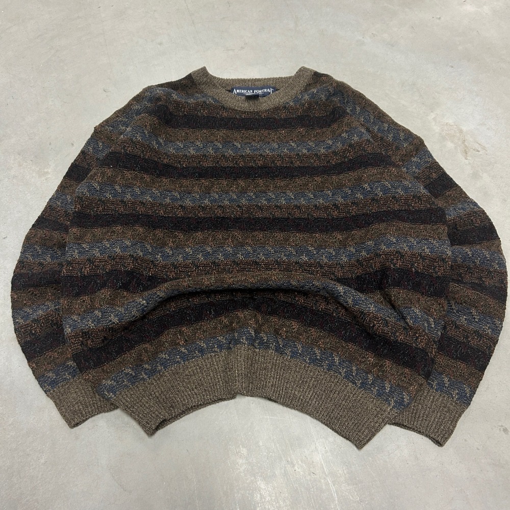 American Portrait Vintage Mens Striped Crewneck Sweater Brown Blue Large LT/GL